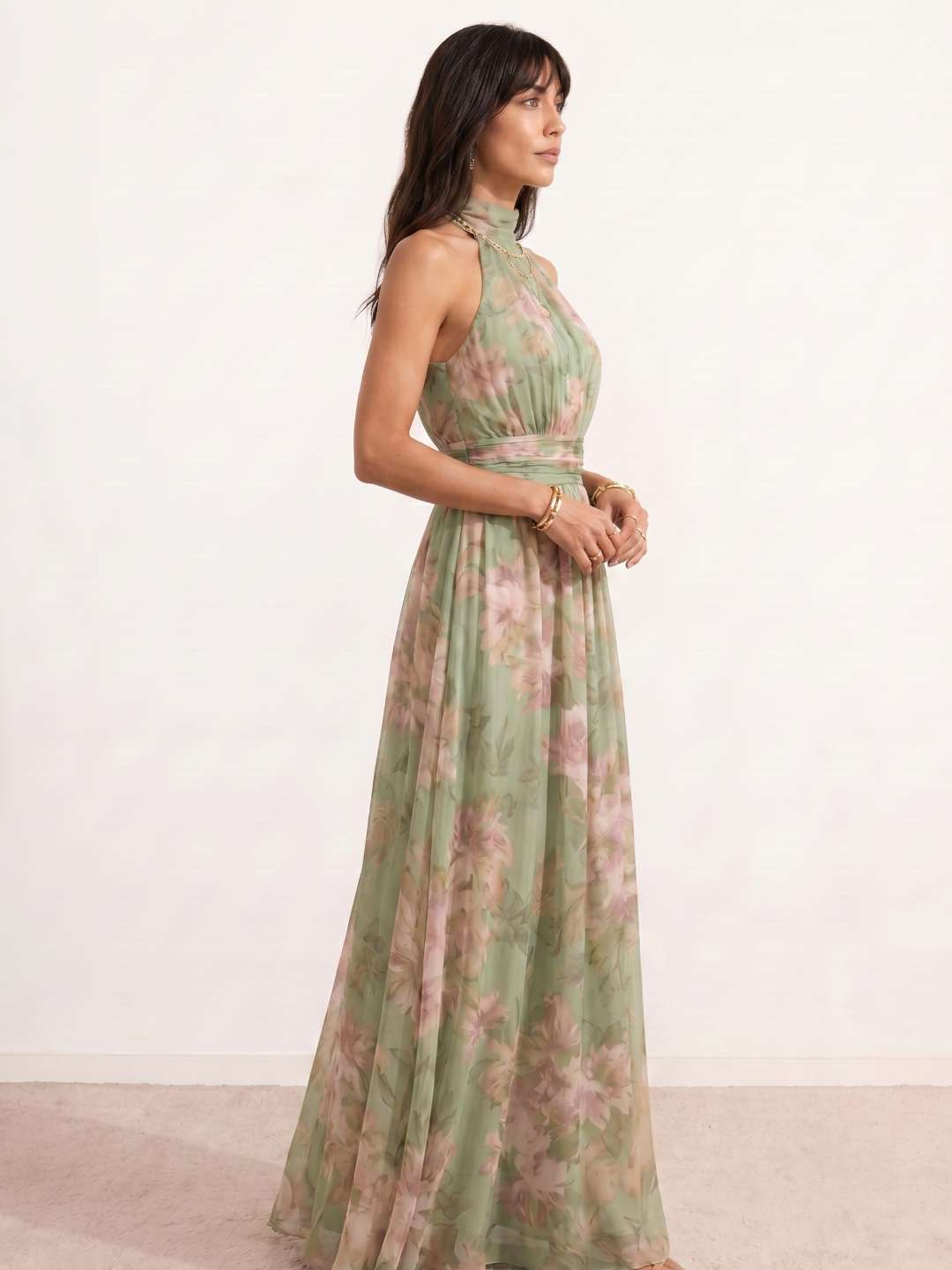 Long halter-neck maxi dress with floral print