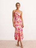 Printed midi dress with an asymmetric neckline