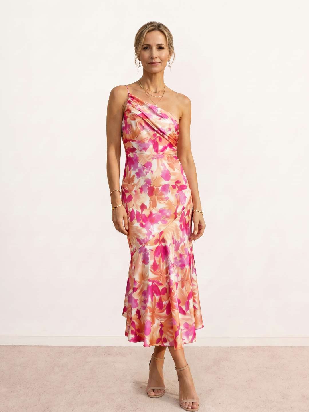 Printed midi dress with an asymmetric neckline