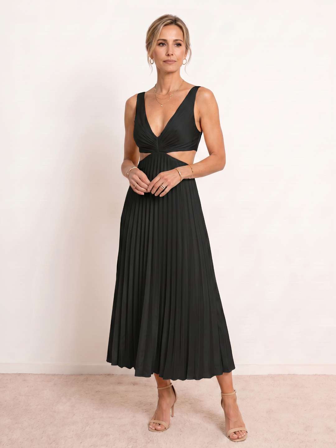 Pleated midi dress with a V-neckline