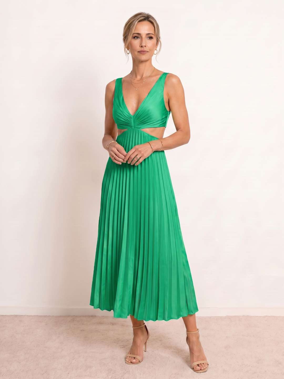 Pleated midi dress with a V-neckline
