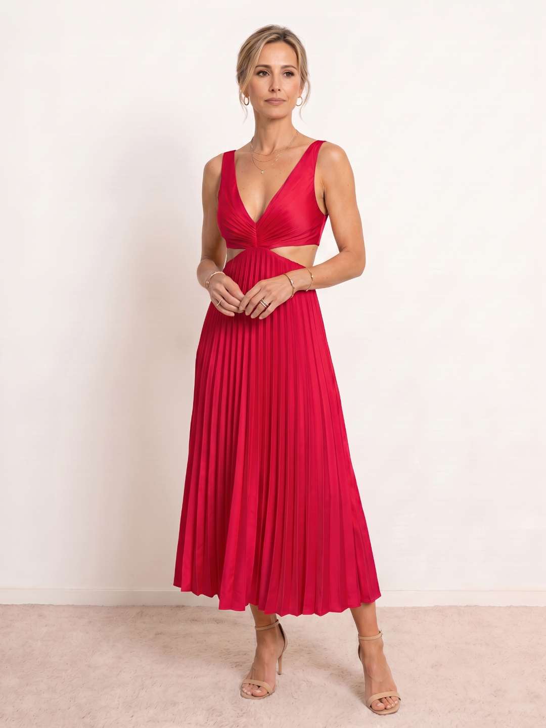 Pleated midi dress with a V-neckline