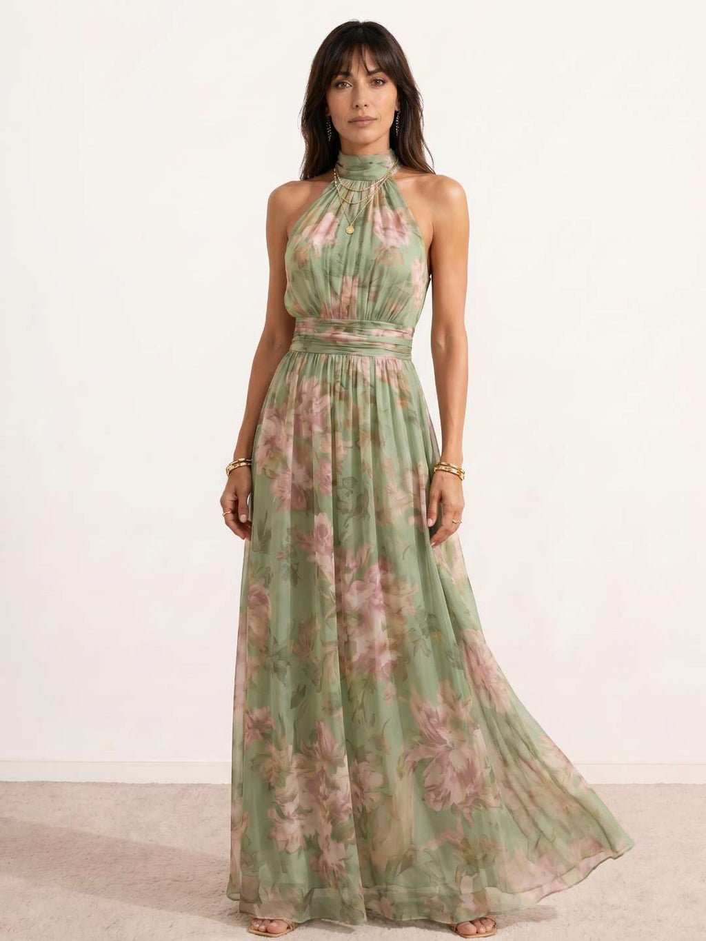 Long halter-neck maxi dress with floral print