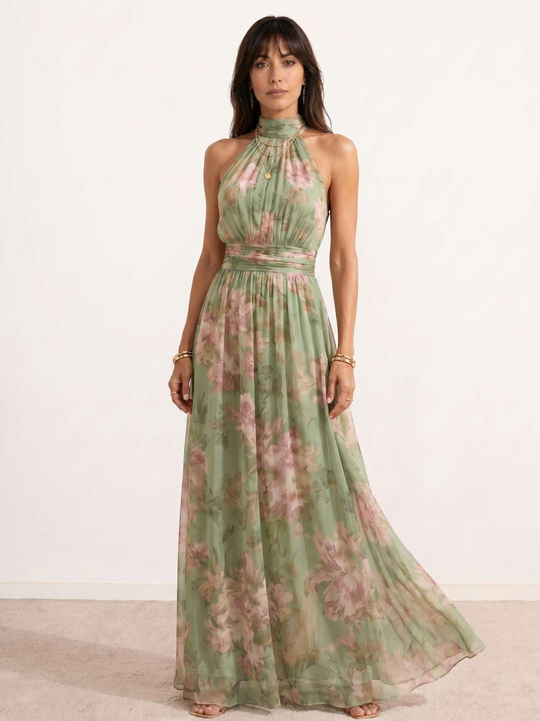 Long halter-neck maxi dress with floral print