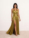 Long pleated halter-neck dress