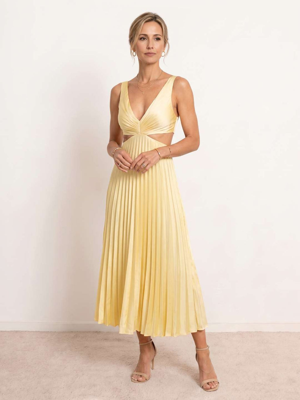 Pleated midi dress with a V-neckline
