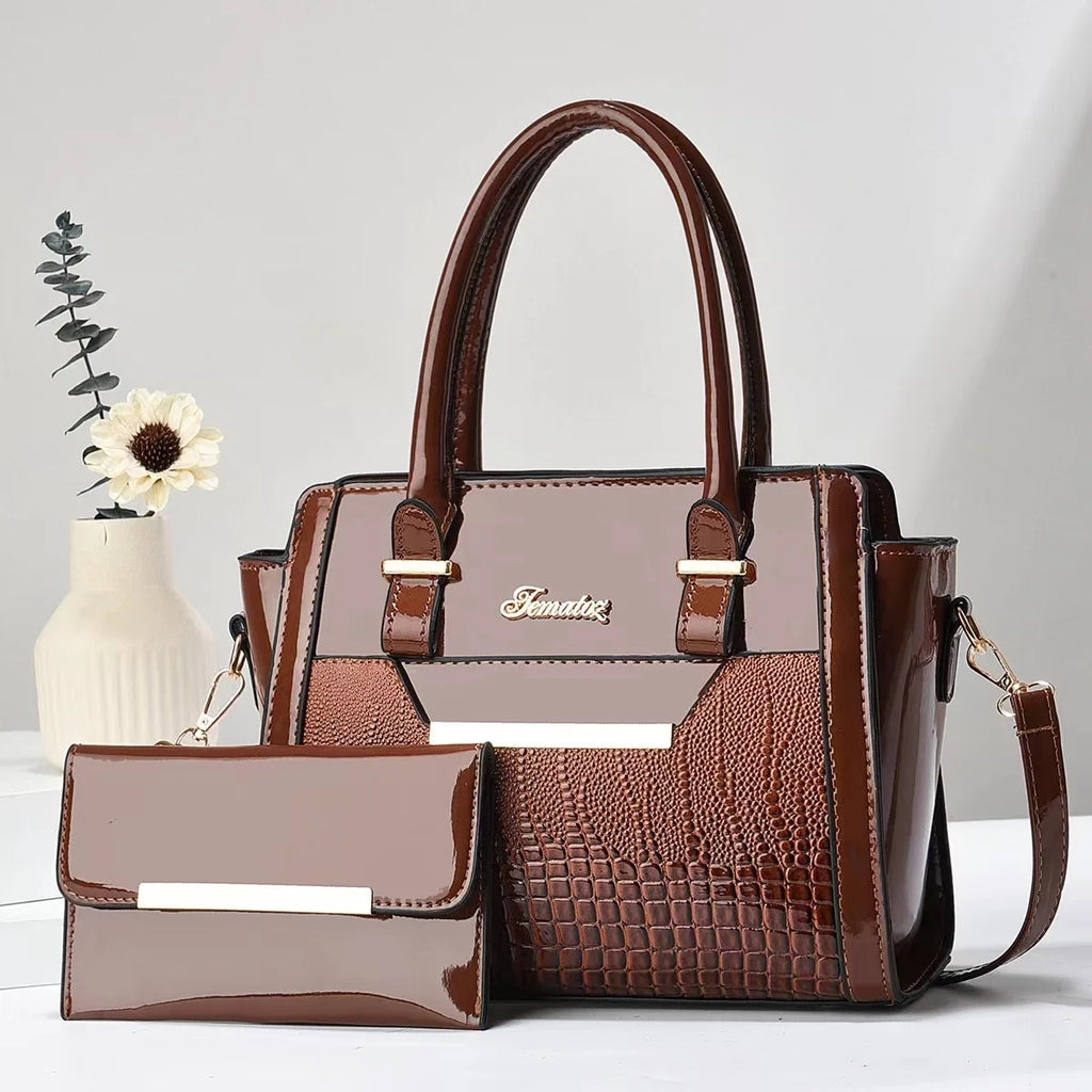 LEATHER BAG AND WALLET SET - CROC