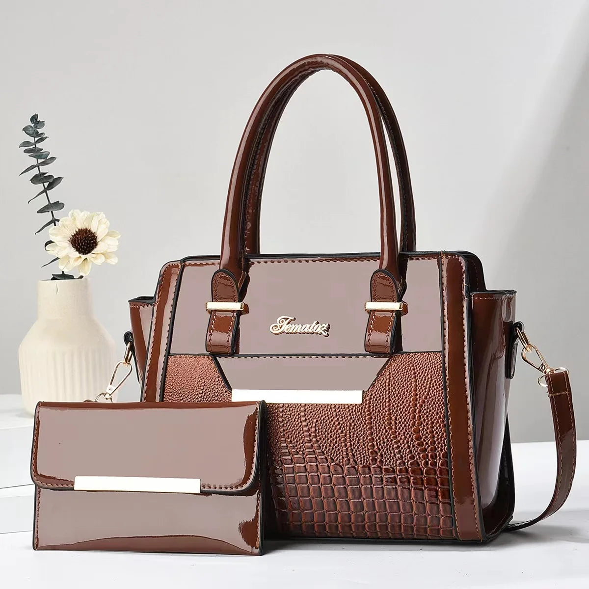 LEATHER BAG AND WALLET SET - CROC