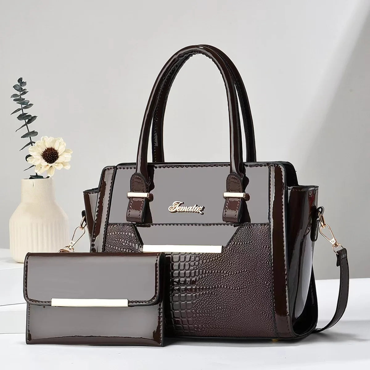 LEATHER BAG AND WALLET SET - CROC