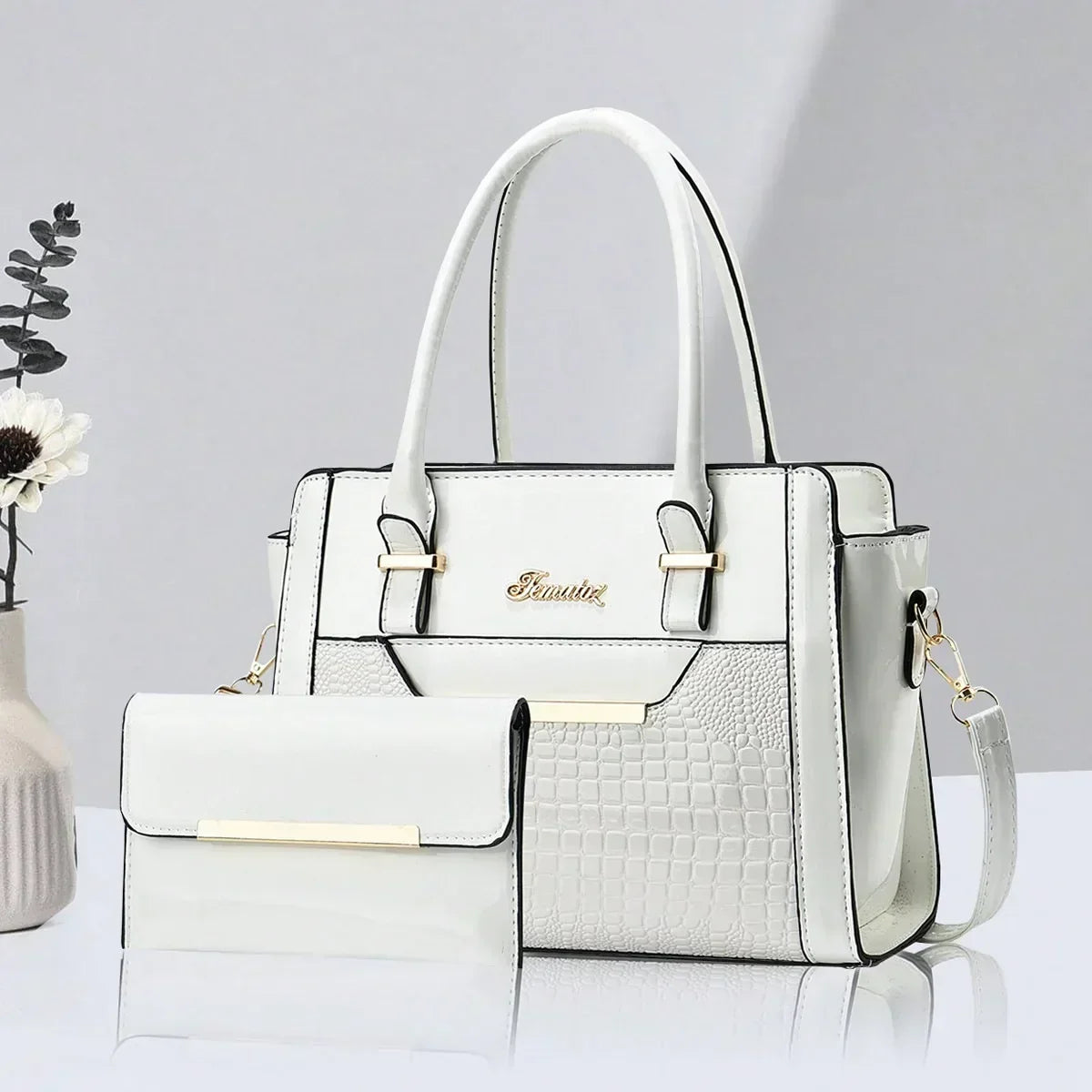 LEATHER BAG AND WALLET SET - CROC