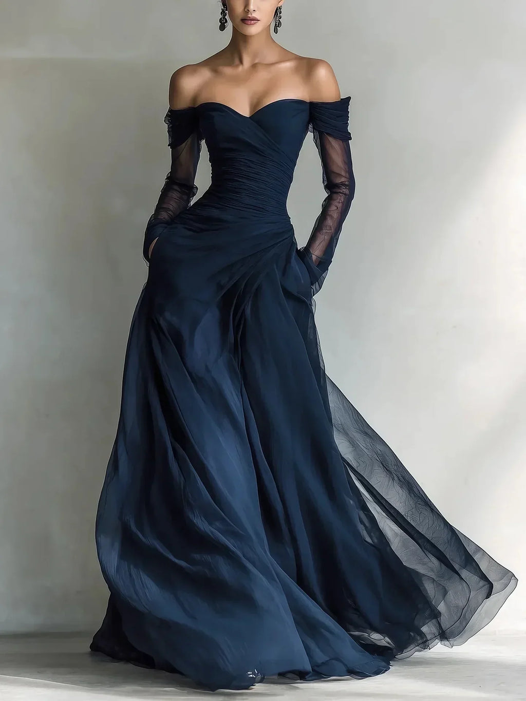 Eleonora • Long Dress with Off-the-Shoulder Neckline and Mesh Inserts