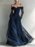 Eleonora • Long Dress with Off-the-Shoulder Neckline and Mesh Inserts