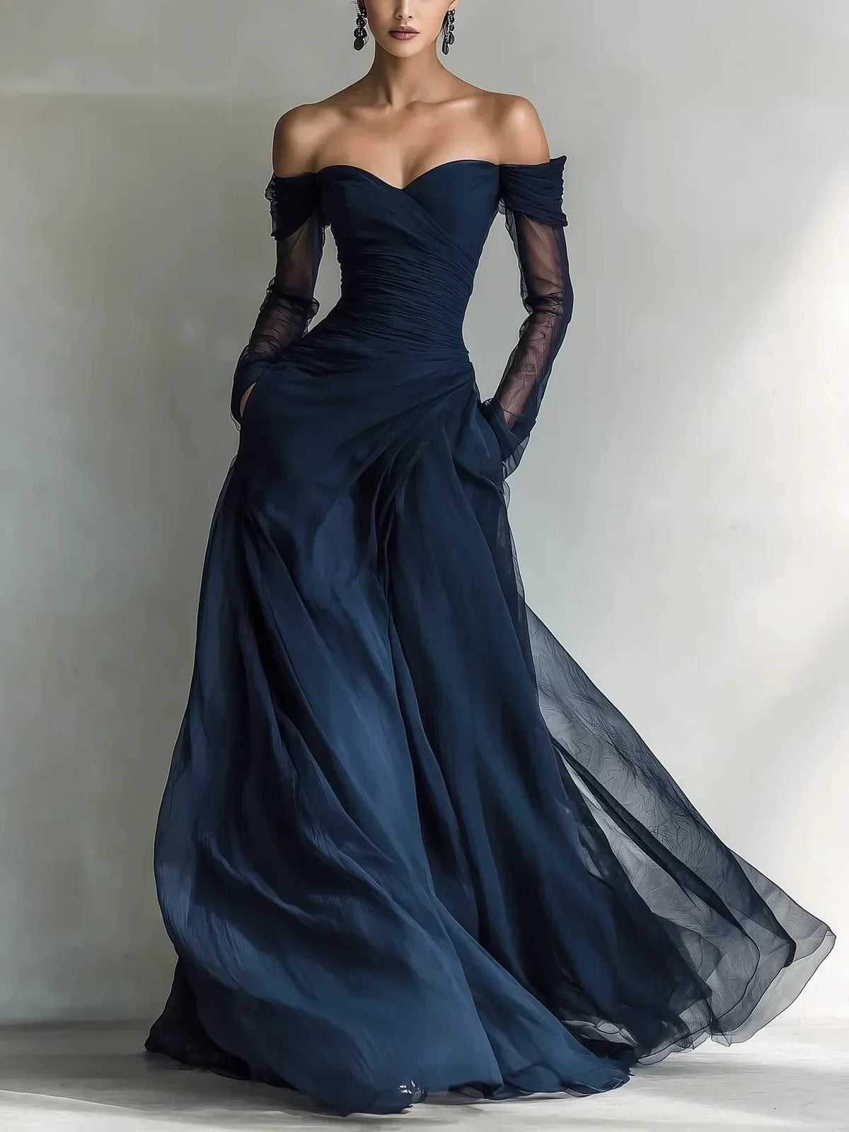 Eleonora • Long Dress with Off-the-Shoulder Neckline and Mesh Inserts