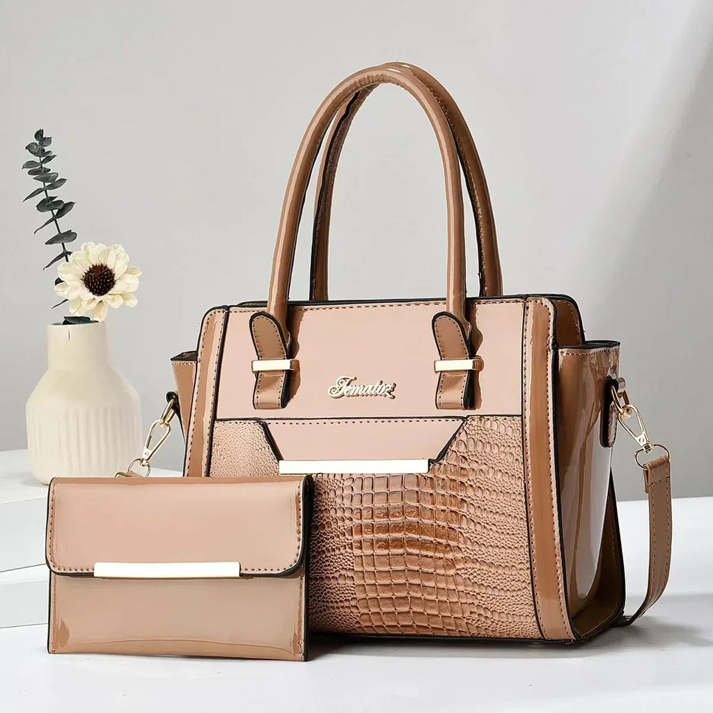 LEATHER BAG AND WALLET SET - CROC