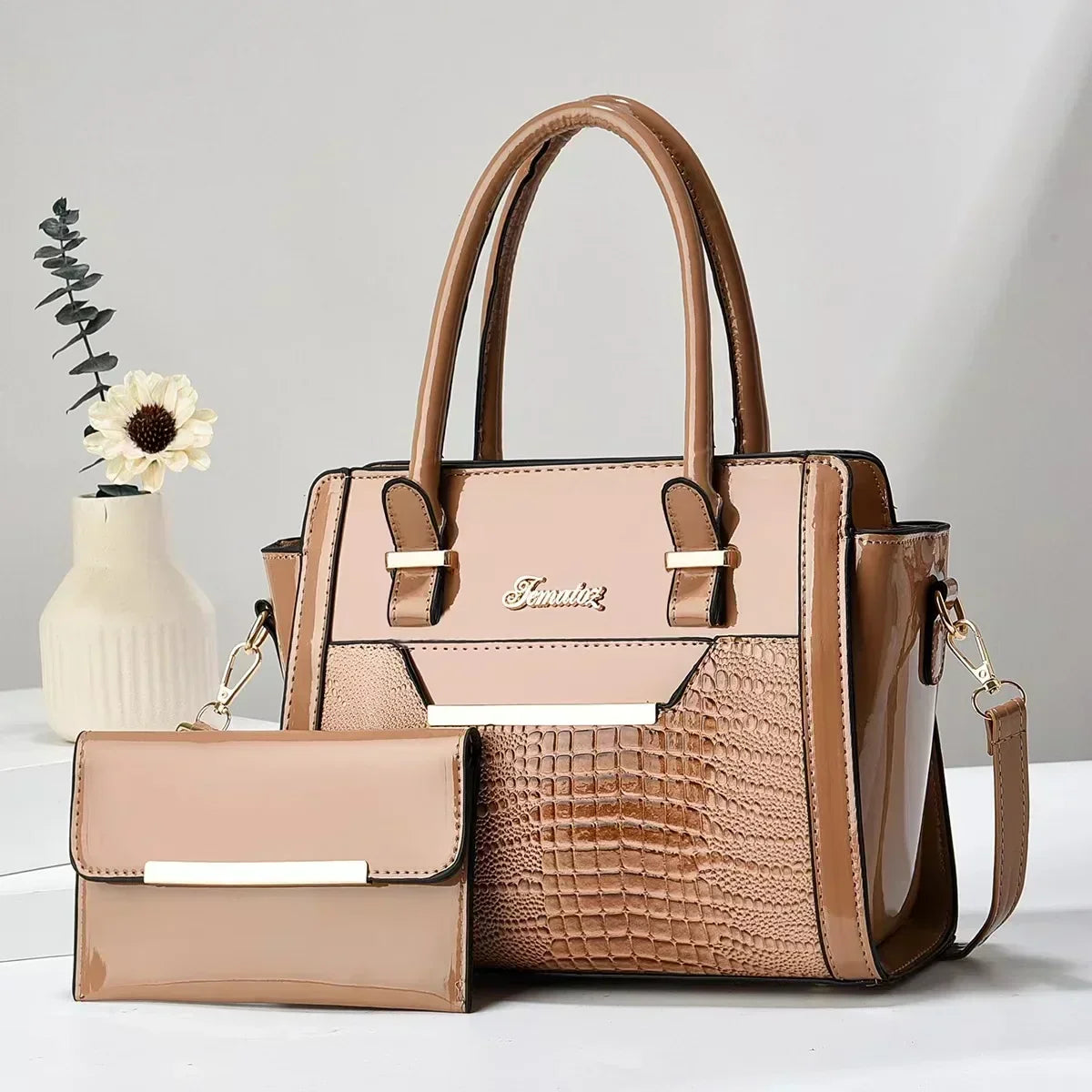 LEATHER BAG AND WALLET SET - CROC