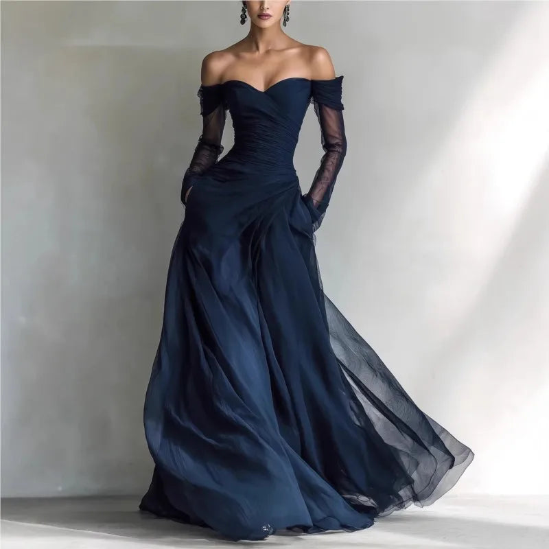 Eleonora • Long Dress with Off-the-Shoulder Neckline and Mesh Inserts