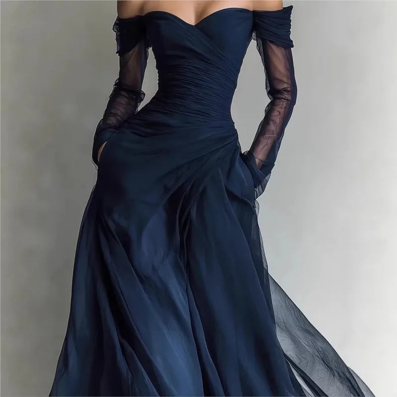Eleonora • Long Dress with Off-the-Shoulder Neckline and Mesh Inserts