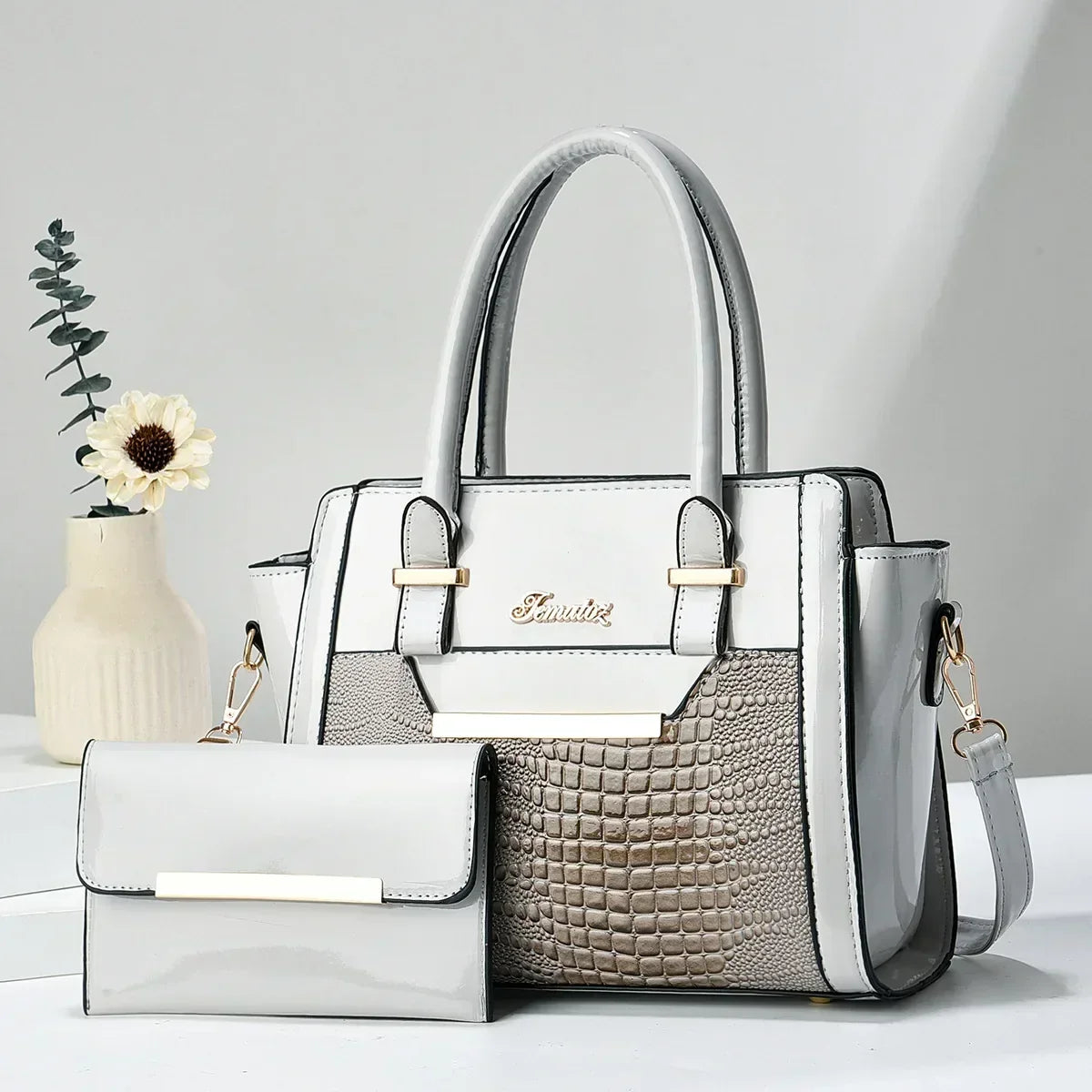LEATHER BAG AND WALLET SET - CROC