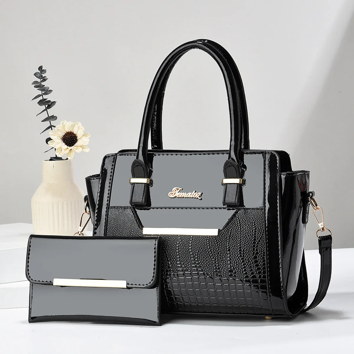 LEATHER BAG AND WALLET SET - CROC