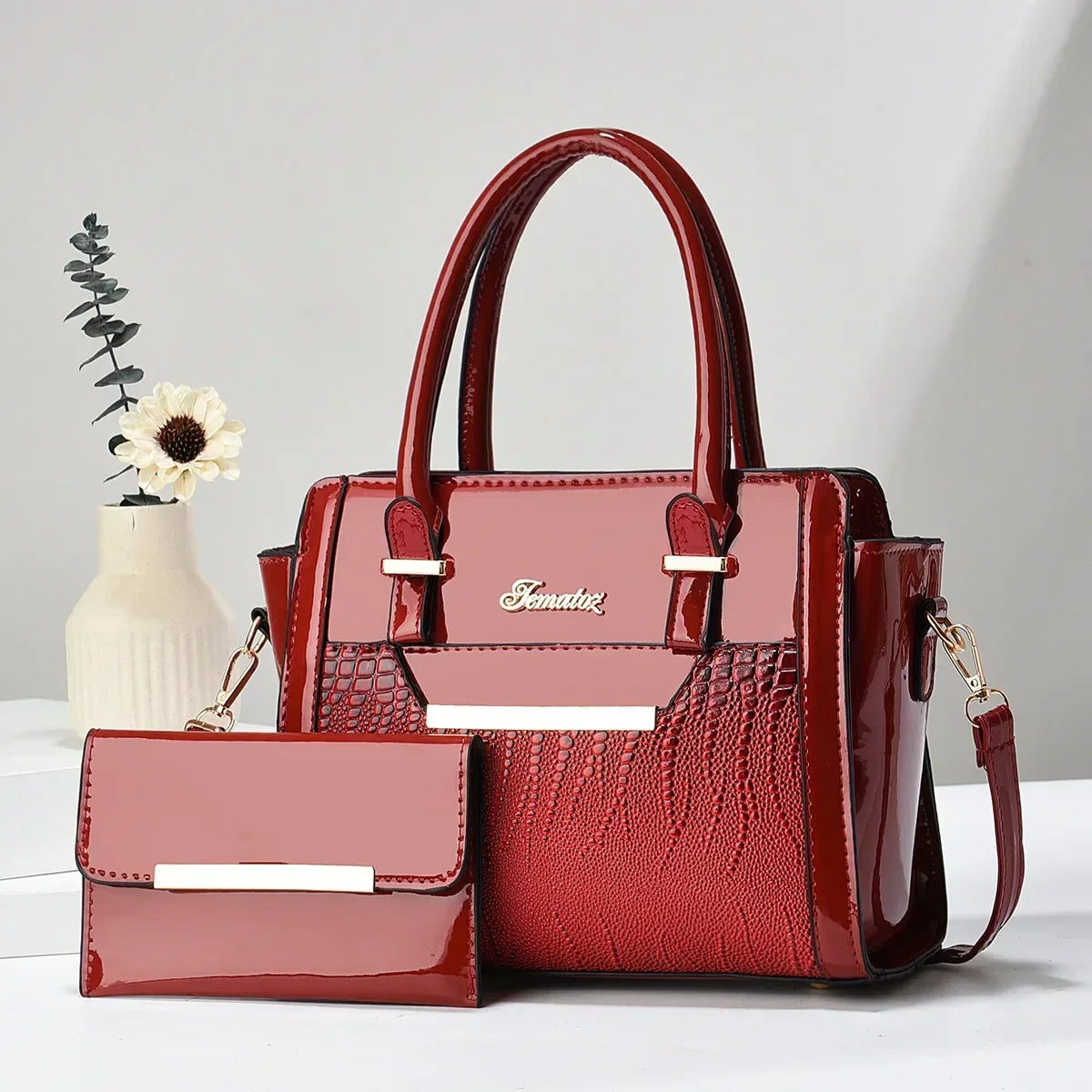 LEATHER BAG AND WALLET SET - CROC