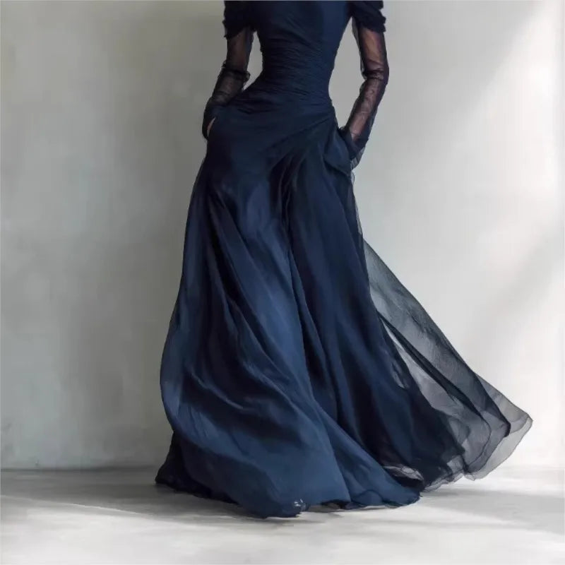 Eleonora • Long Dress with Off-the-Shoulder Neckline and Mesh Inserts