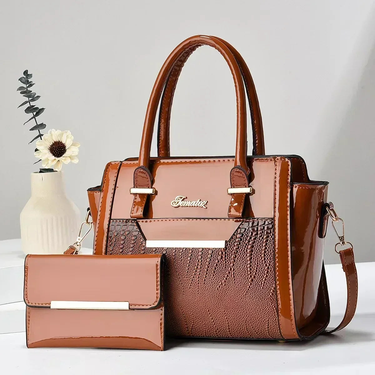 LEATHER BAG AND WALLET SET - CROC