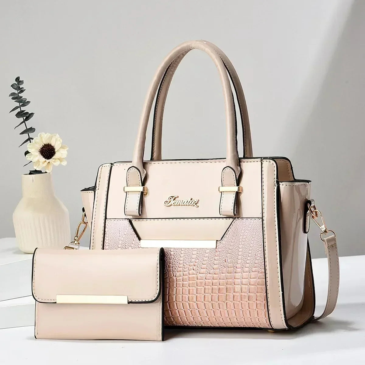 LEATHER BAG AND WALLET SET - CROC