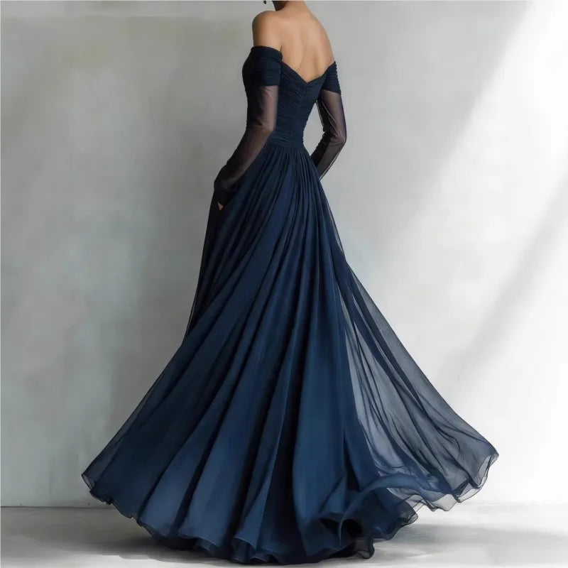 Eleonora • Long Dress with Off-the-Shoulder Neckline and Mesh Inserts