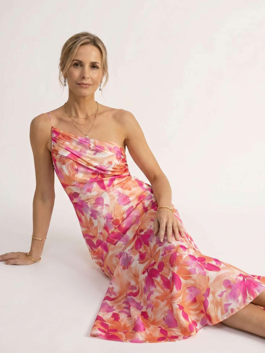 Printed midi dress with an asymmetric neckline