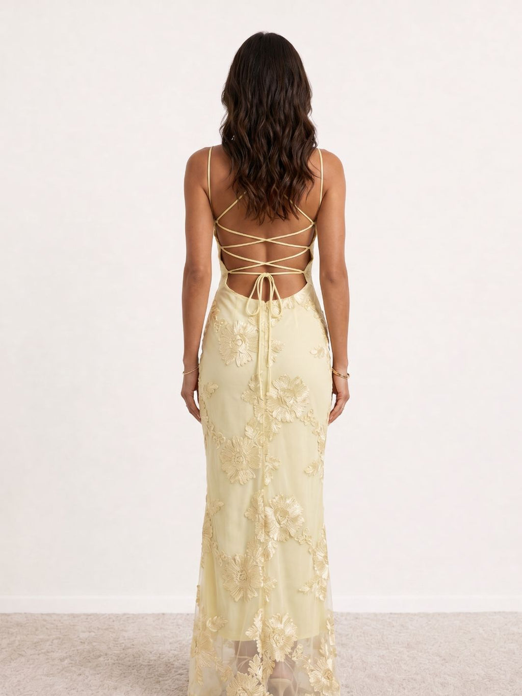 Long embroidered spaghetti-strap dress