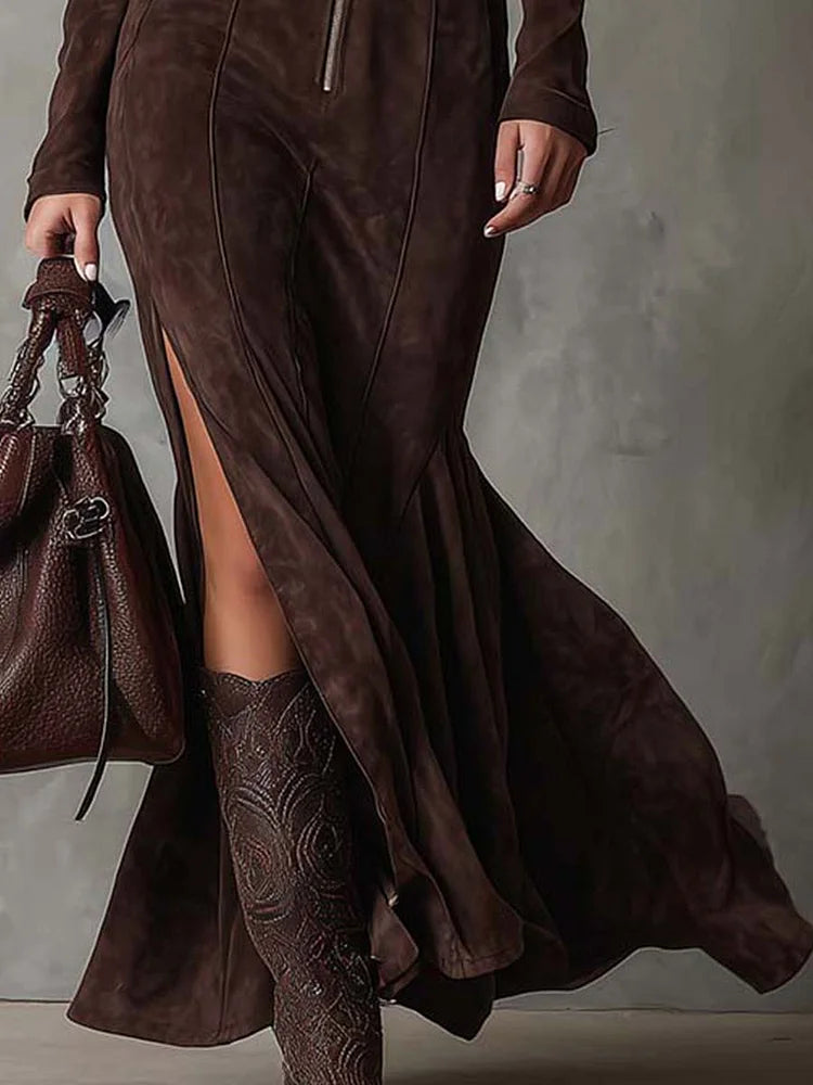 Marceline | Brown Belted Maxi Dress