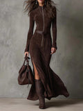 Marceline | Vestito lungo marrone con cintura
