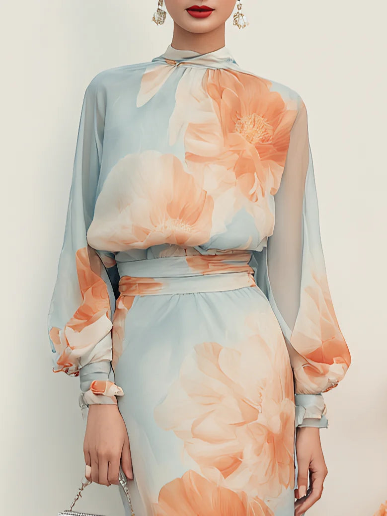 Emilia | Completo Due Pezzi Top con Collo Alto a Maniche Lunghe e Gonna Floreale Romantica