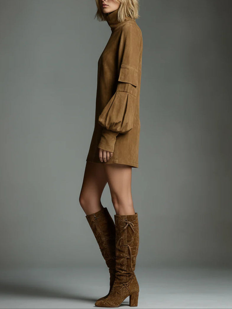 Bibiana | Mini Abito Oversize in Scamosciato a Collo Alto