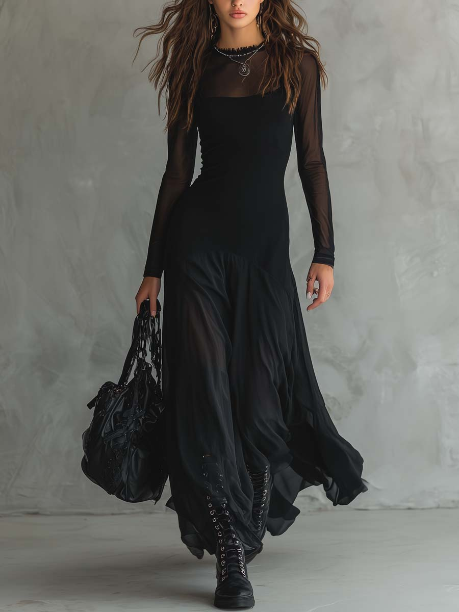 Neroa | Vestido maxi acampanado de tul negro