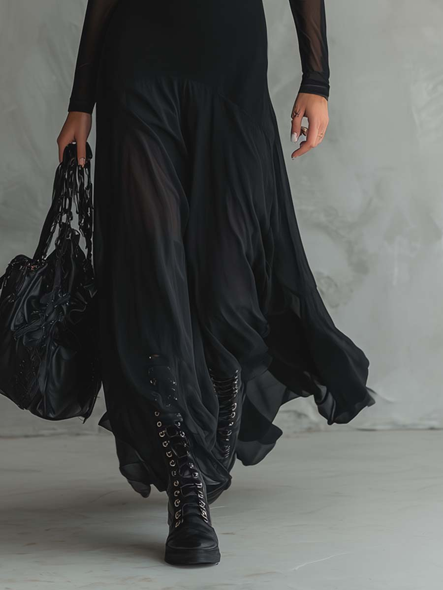 Neroa | Vestido maxi acampanado de tul negro