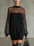 Domitille | Black High-Neck Mini Dress with Sheer Mesh Sleeves
