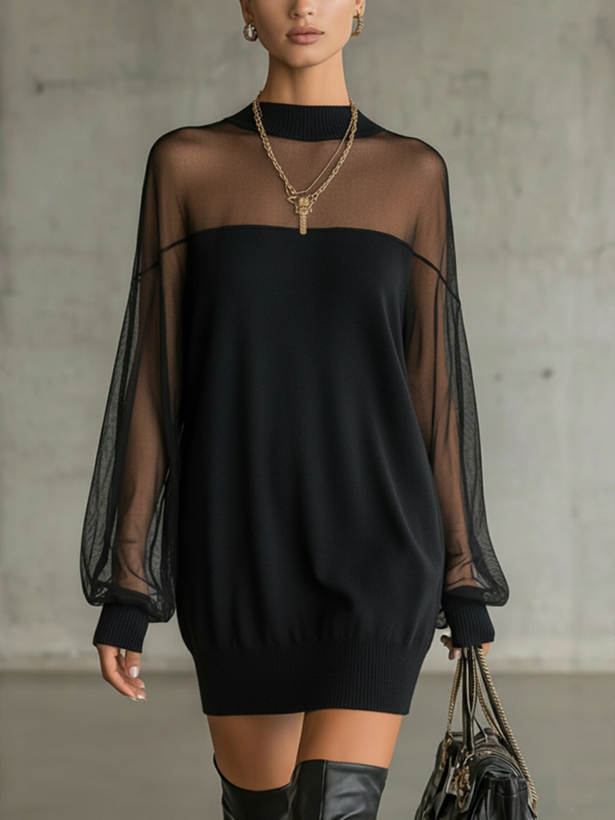 Domitille | Black High-Neck Mini Dress with Sheer Mesh Sleeves