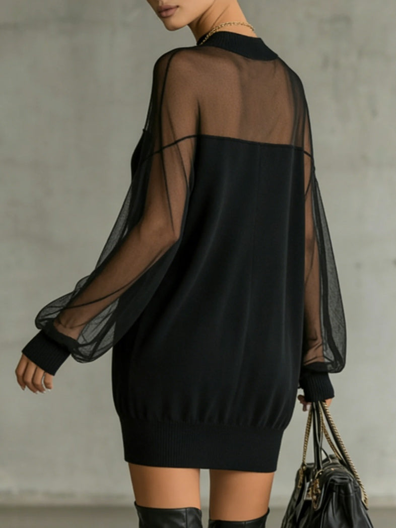 Domitille | Black High-Neck Mini Dress with Sheer Mesh Sleeves