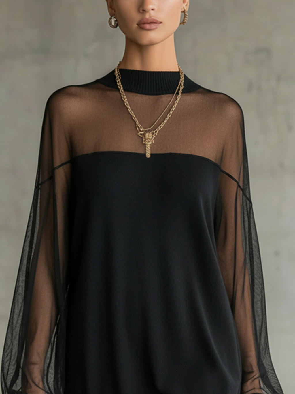 Domitille | Black High-Neck Mini Dress with Sheer Mesh Sleeves