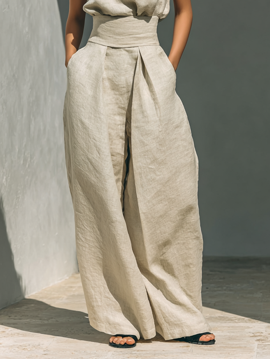 Aurora | Beige two-piece linen set with sleeveless top and wide-leg pants