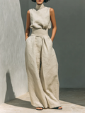 Aurora | Beige two-piece linen set with sleeveless top and wide-leg pants