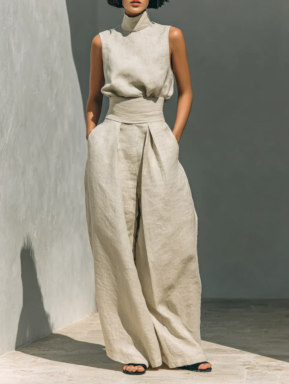 Aurora | Beige two-piece linen set with sleeveless top and wide-leg pants