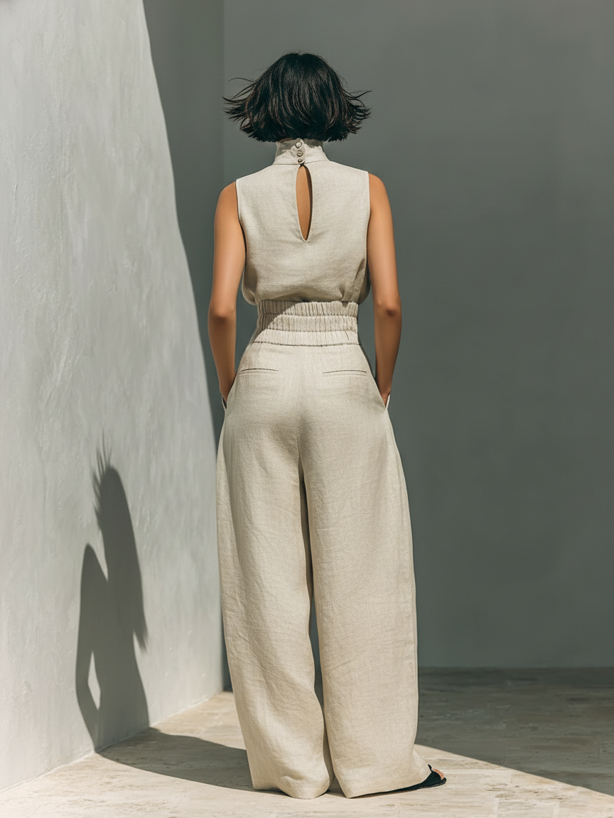 Aurora | Beige two-piece linen set with sleeveless top and wide-leg pants