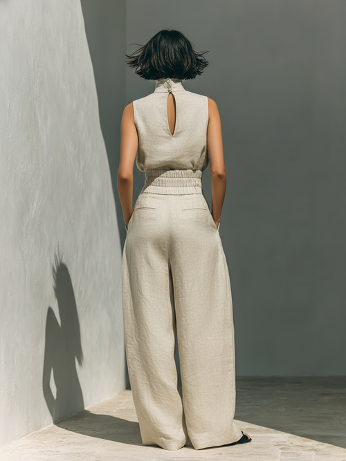 Aurora | Beige two-piece linen set with sleeveless top and wide-leg pants