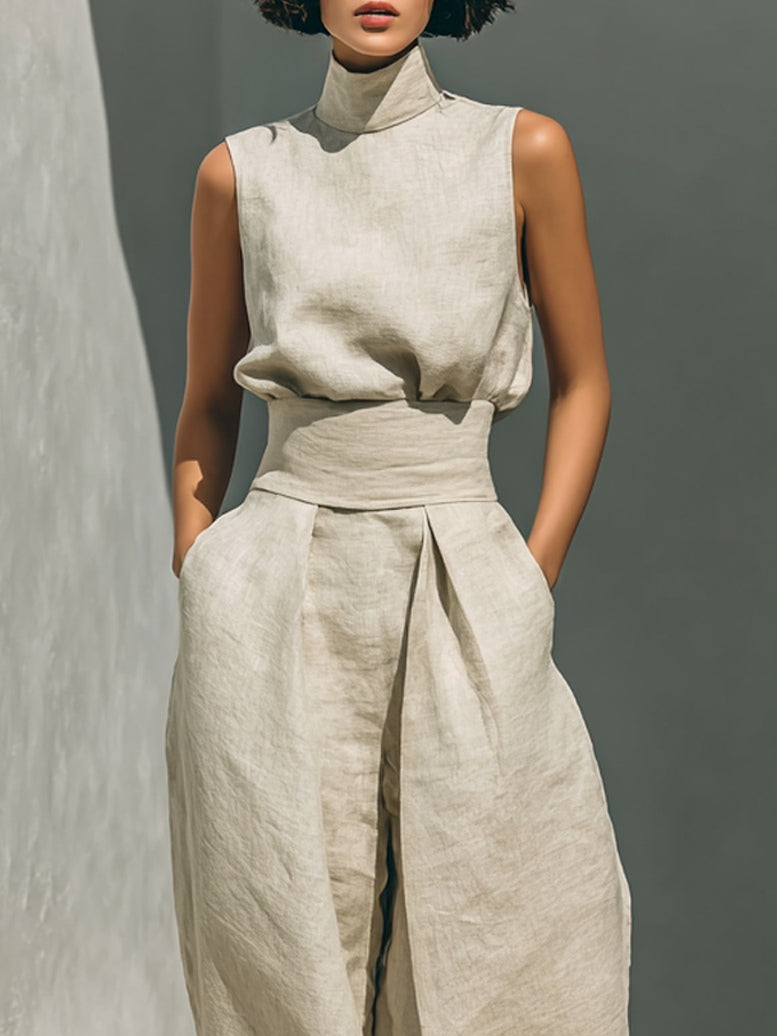 Aurora | Beige two-piece linen set with sleeveless top and wide-leg pants