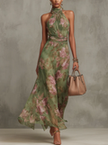 Serena | Floral Chiffon Maxi Dress with Halter Neckline