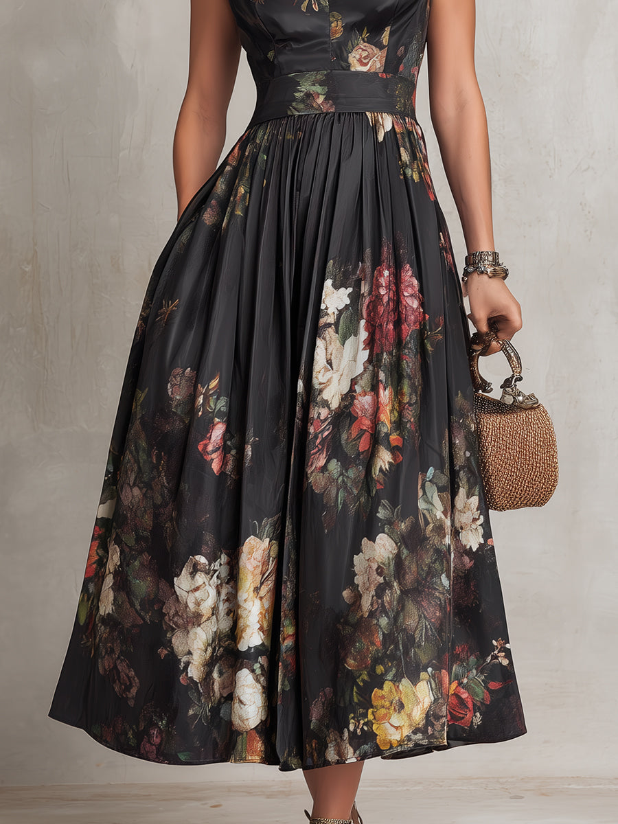 Violette | Black pleated satin midi dress with floral print and teardrop neckline