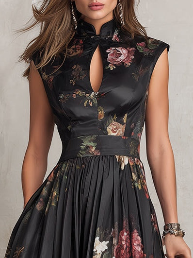 Violette | Black pleated satin midi dress with floral print and teardrop neckline