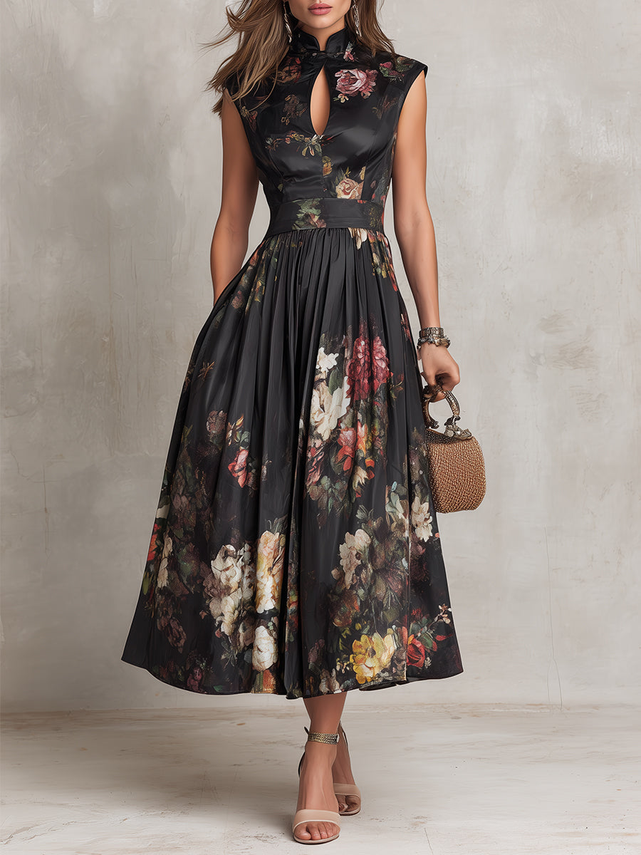 Violette | Black pleated satin midi dress with floral print and teardrop neckline